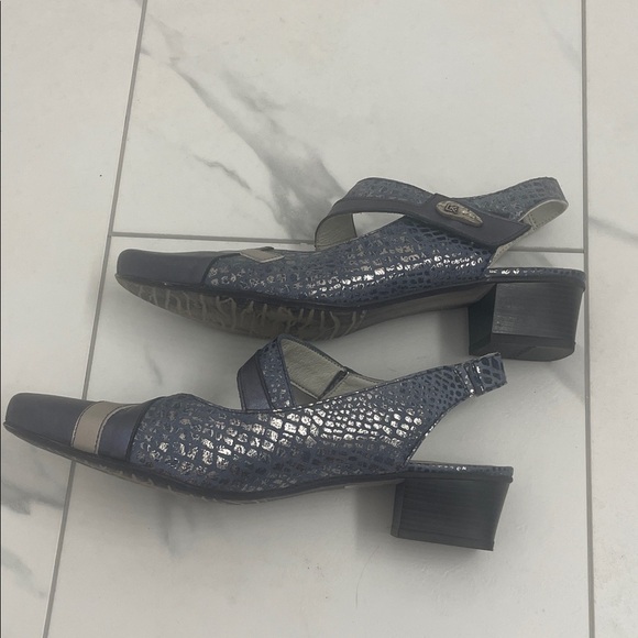 DorKing by Fluchos Leather Slingback Shoes with Stacked Heel Blue & Silver Sz 41 - Picture 3 of 9